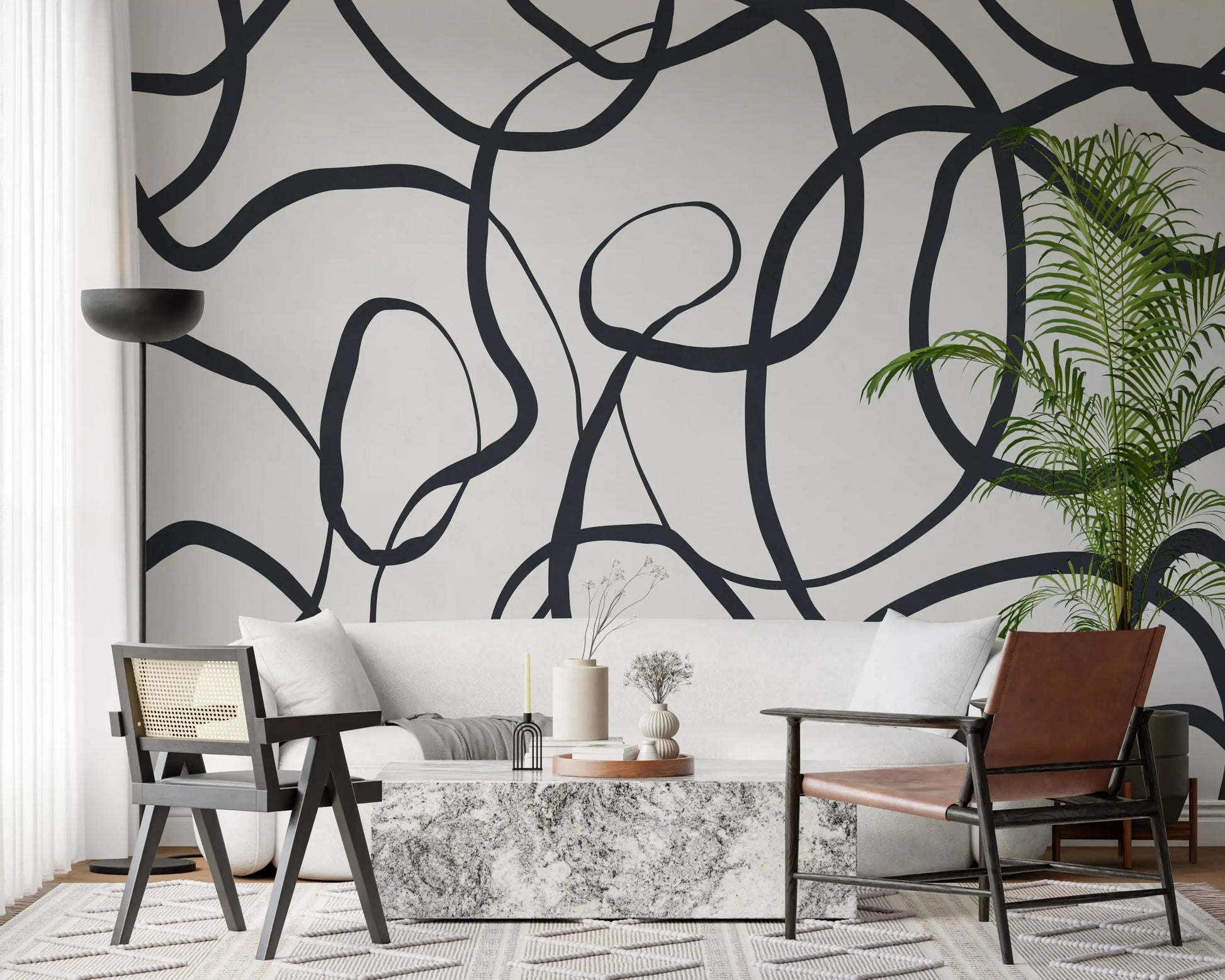 Charcoal loops trace Abstract Serpentine Lines wall mural in a Living area 