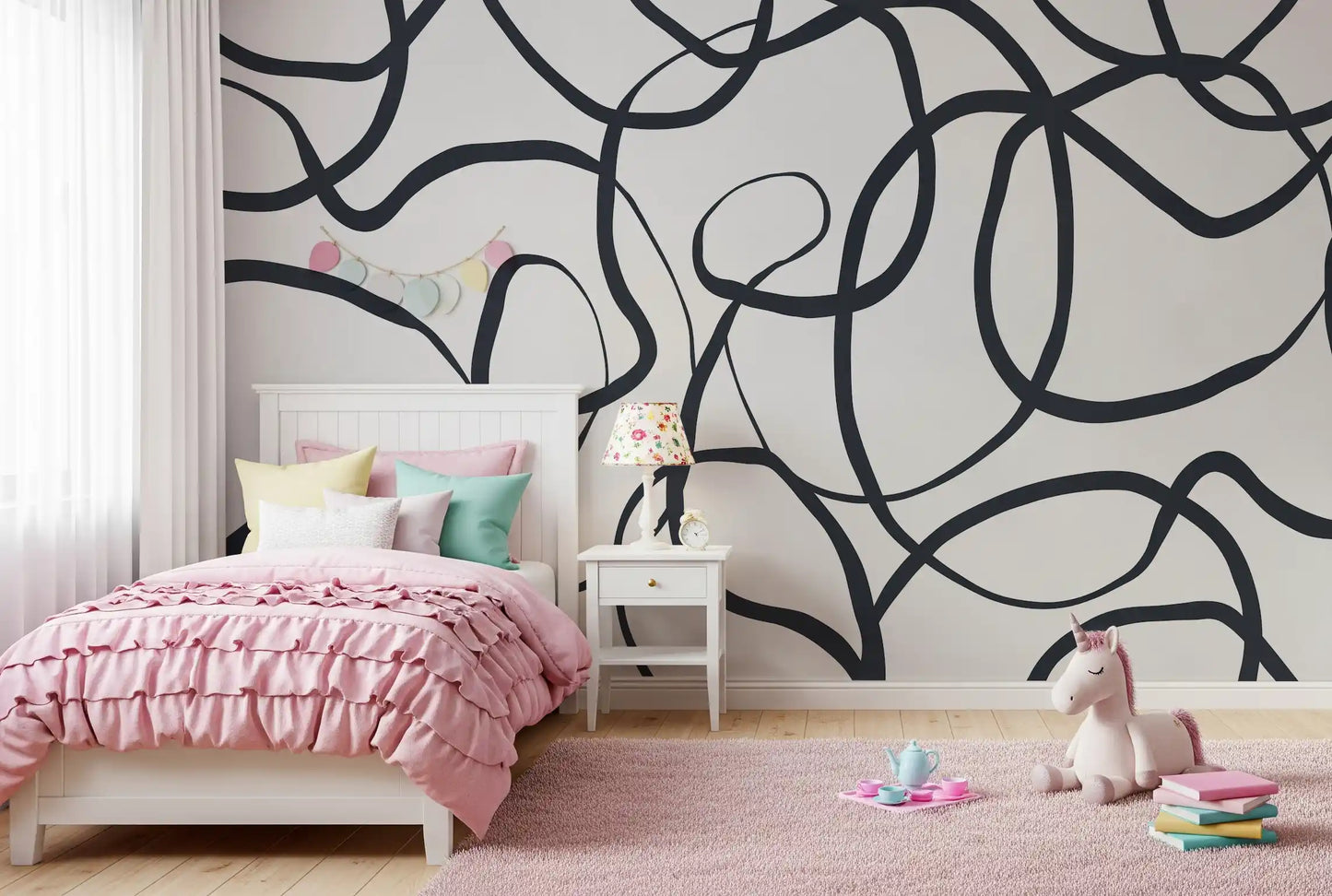 Open ink loops repeat over the Abstract Serpentine wall mural in clean monochrome