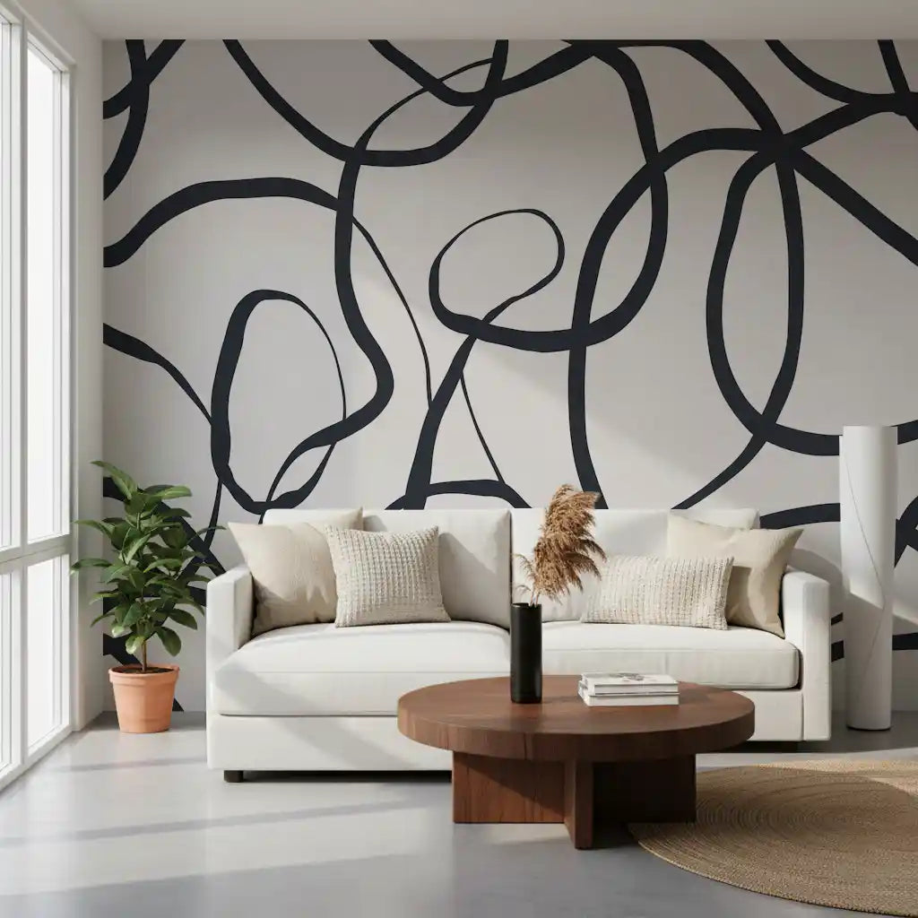 Free-form ink curves stretch over an Abstract Serpentine wall mural in a lounge