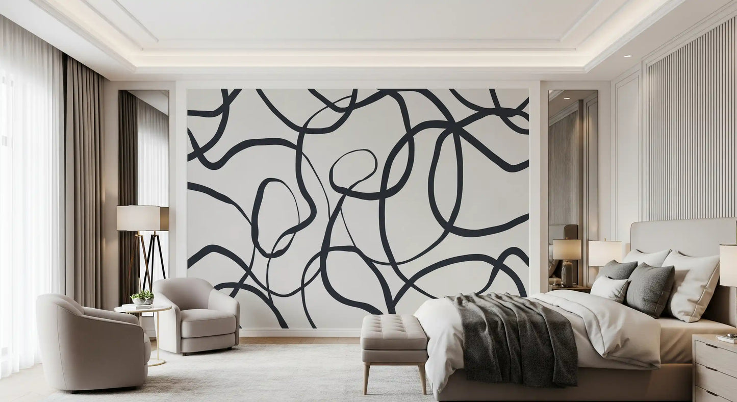 A relaxed pattern of loops moves through this wall mural beside a narrow Bedroom 