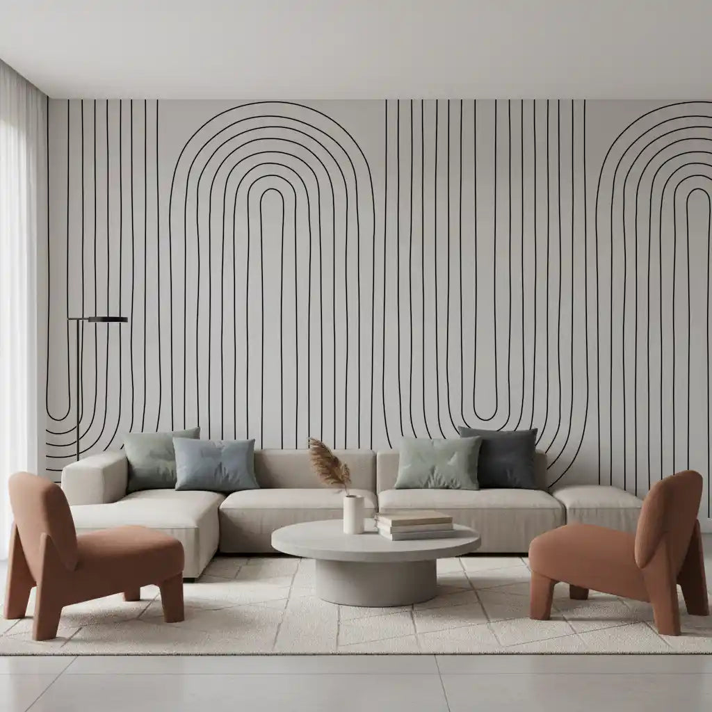Tall looping arches climb behind a living room with the Subtle Arch Rhythm wall mural.