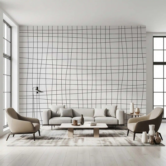 Living room Fluid Grid Pattern wall mural with fine black wavering lines