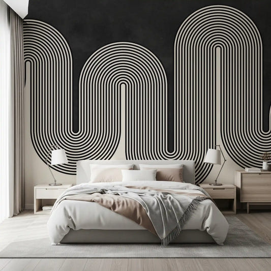 Bedroom wall mural showing Groovy Arch Waves in cream and black contrast
