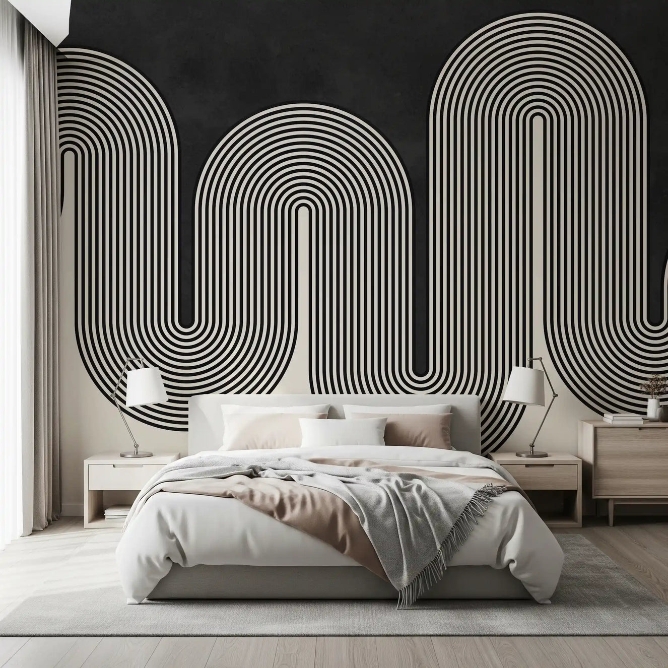 Bedroom wall mural showing Groovy Arch Waves in cream and black contrast