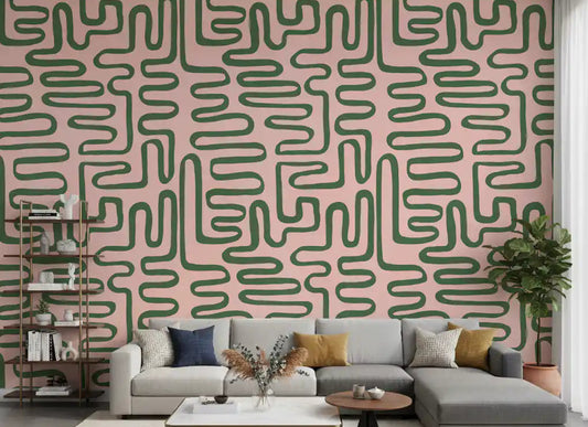 Living room Soft Flow Maze Wall Mural with sage green rounded line pattern