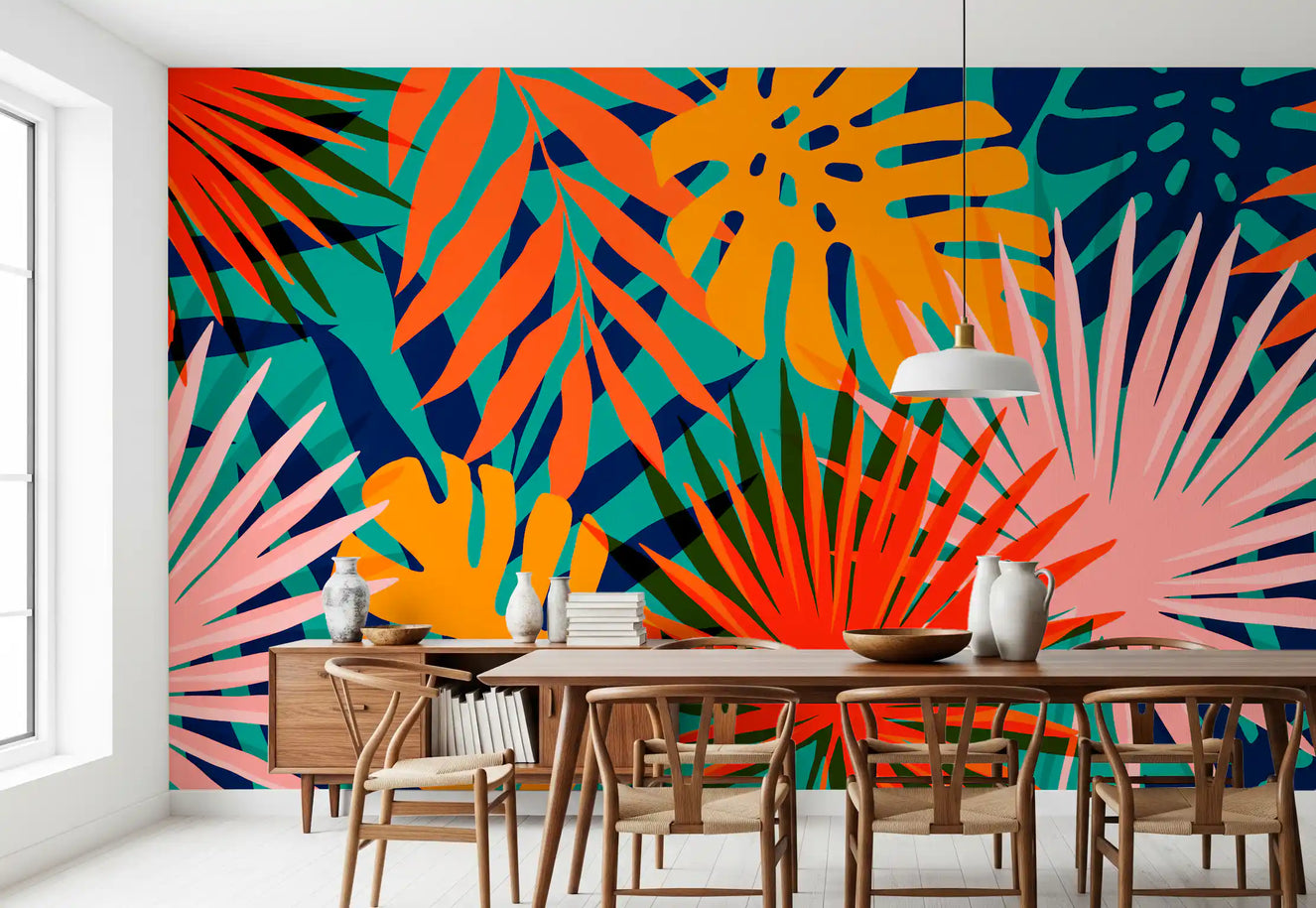 Dining room Tropical Pattern Wall Mural in vivid botanical colors
