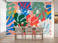 Dining room Organic Forms wall mural in playful pink, yellow, and aqua shapes