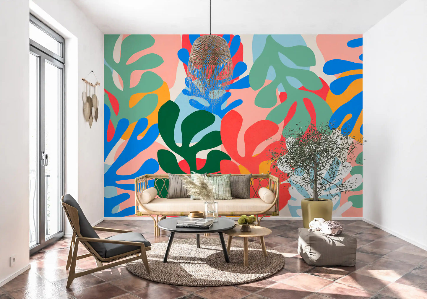 Office area Vibrant Organic Forms mural with bright cutout foliage shapes