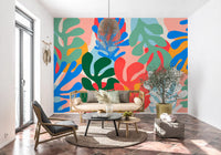 Office area Vibrant Organic Forms mural with bright cutout foliage shapes