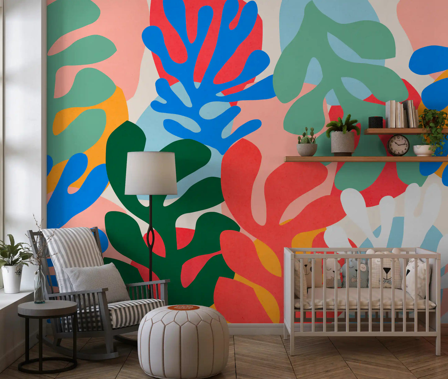 Kids room Vibrant Organic Forms wall mural with bold layered botanical cutouts
