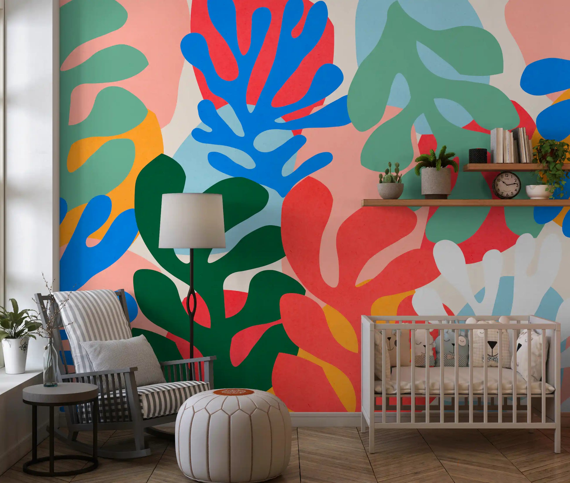Kids room Vibrant Organic Forms wall mural with bold layered botanical cutouts
