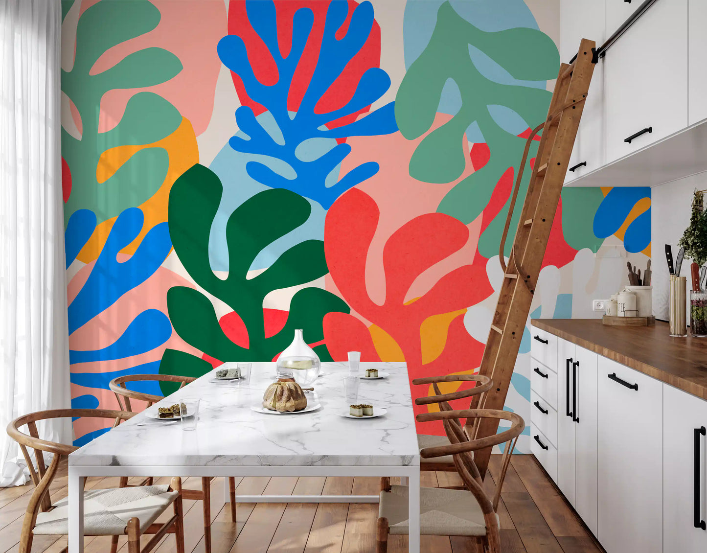 Dining room Organic Forms wall mural featuring colorful abstract leaf silhouettes