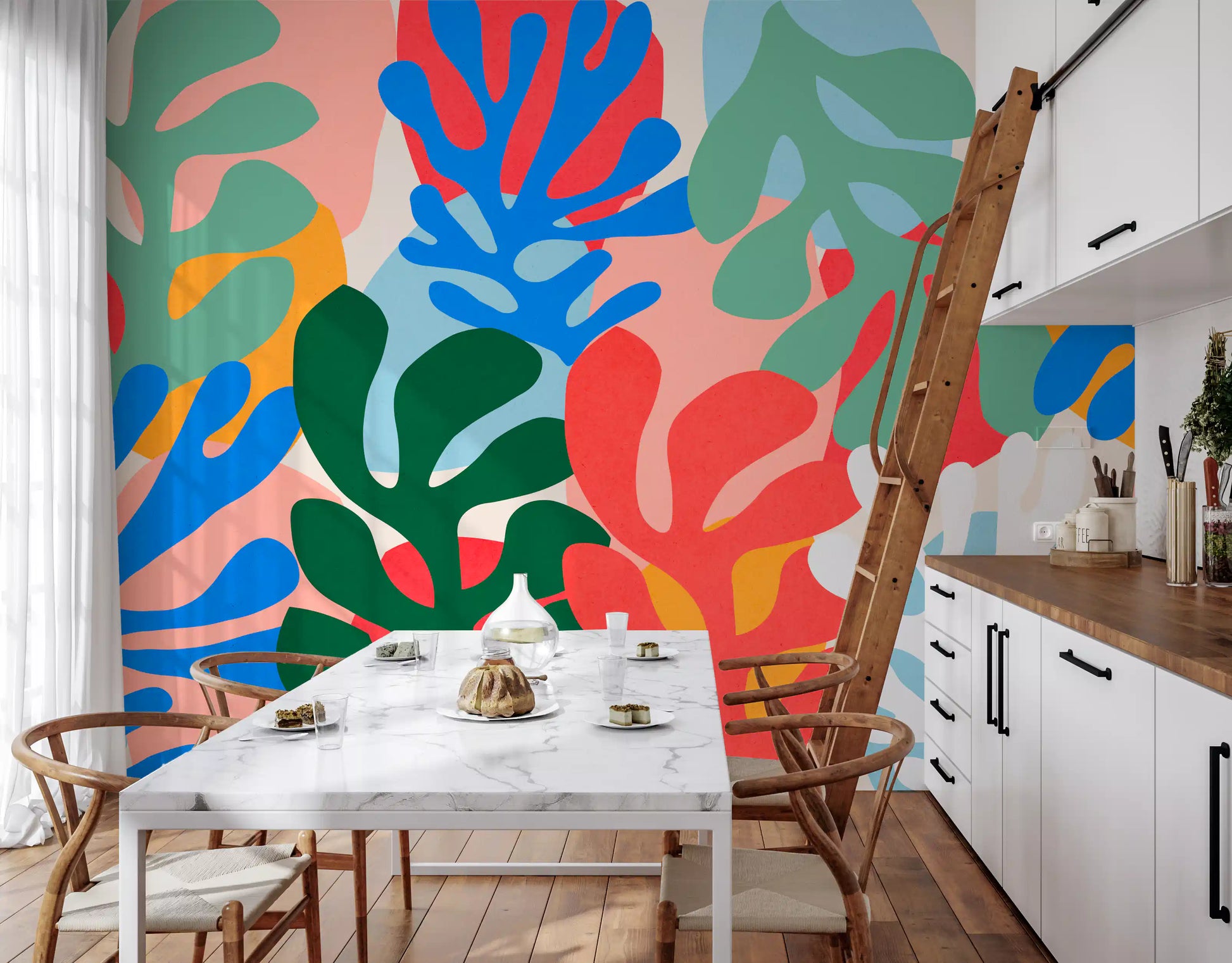 Dining room Organic Forms wall mural featuring colorful abstract leaf silhouettes