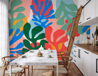 Dining room Organic Forms wall mural featuring colorful abstract leaf silhouettes