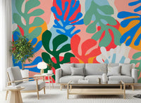 Abstract leaf wall mural with Vibrant Organic Forms in green, pink, and yellow