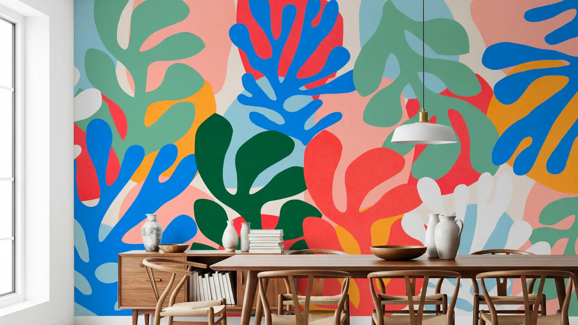 Dining room Vibrant Organic Forms wall mural with coral, blue, and green leaves