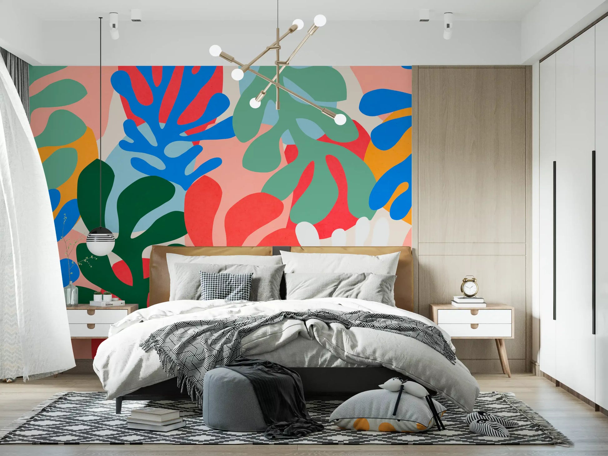 Vibrant Organic Forms wall mural with blue leaf forms and coral abstract layers