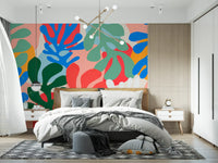 Vibrant Organic Forms wall mural with blue leaf forms and coral abstract layers