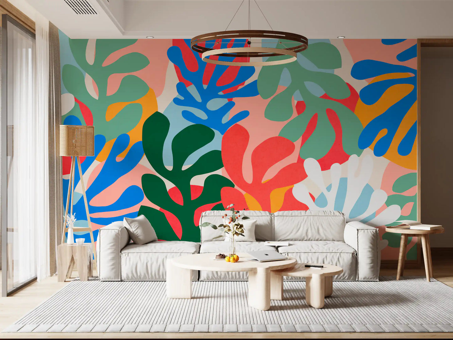 Vibrant Forms wall mural featuring overlapping foliage cutouts and lively color