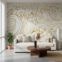 Office room wall mural with organic scroll lines and soft gilded detail