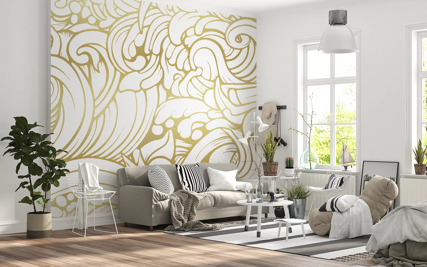 Gilded Organic Flow Wall Mural featuring gold swirls and white spacing