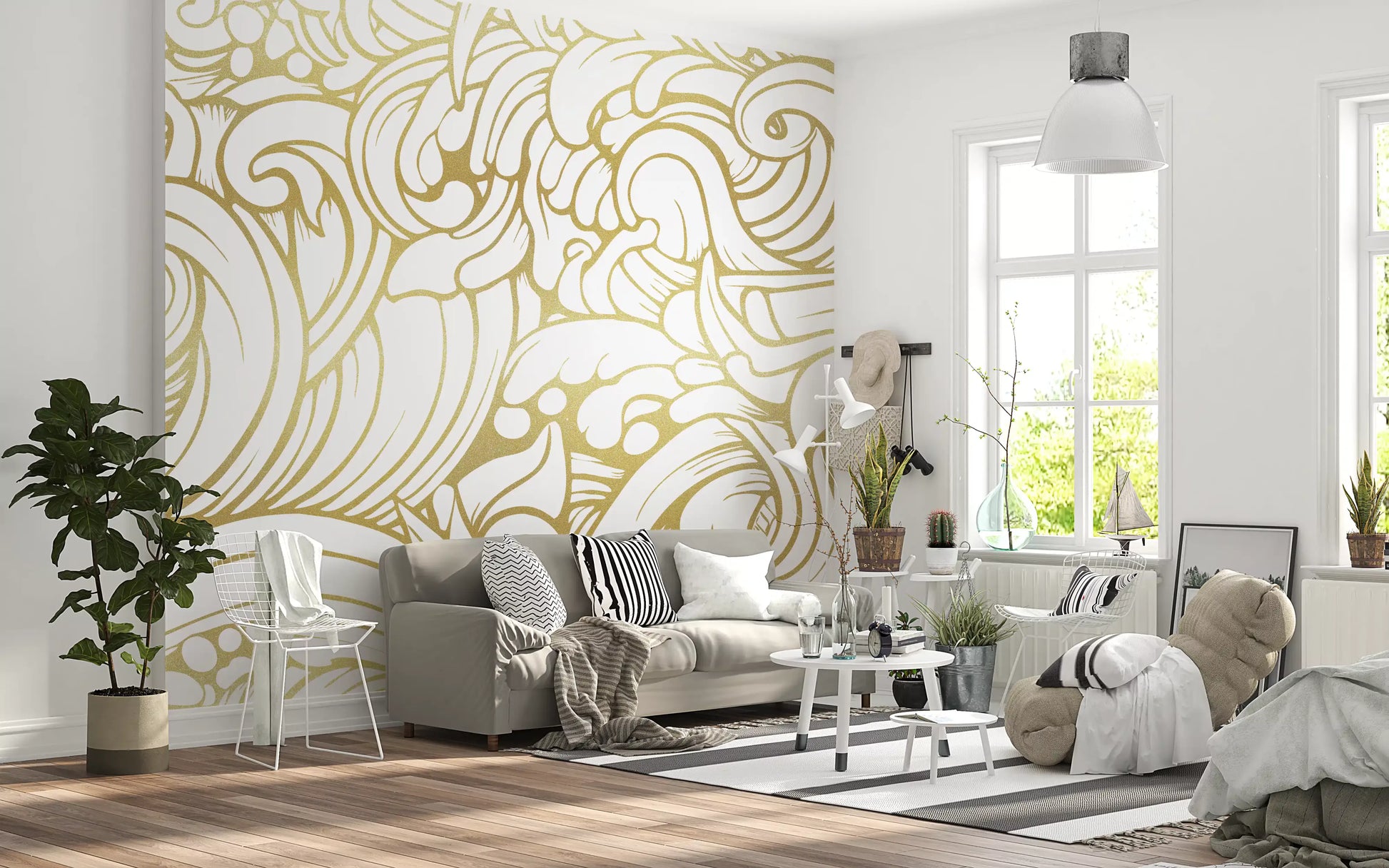 Gilded Organic Flow Wall Mural featuring gold swirls and white spacing