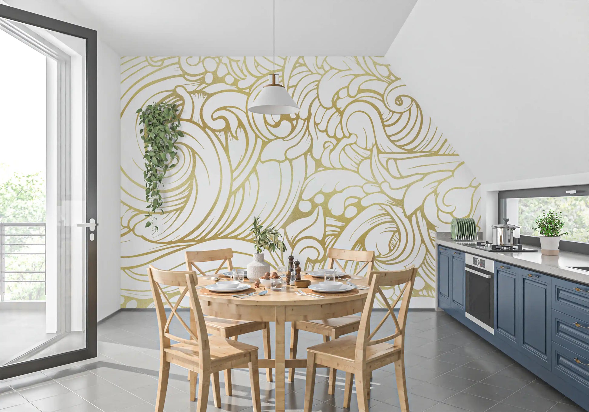 Organic flow wall mural with decorative gold linework and airy contrast