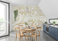 Organic flow wall mural with decorative gold linework and airy contrast