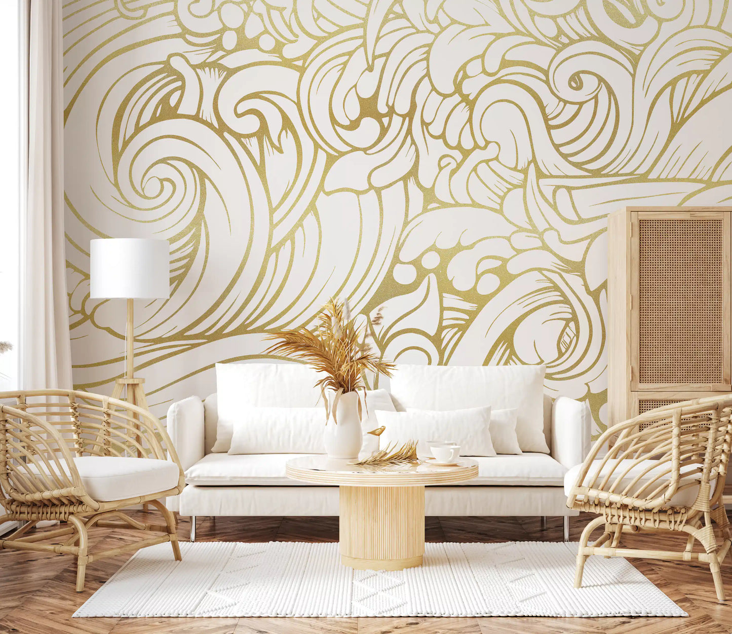 Gilded scroll wall mural showing flowing curves and ornamental rhythm