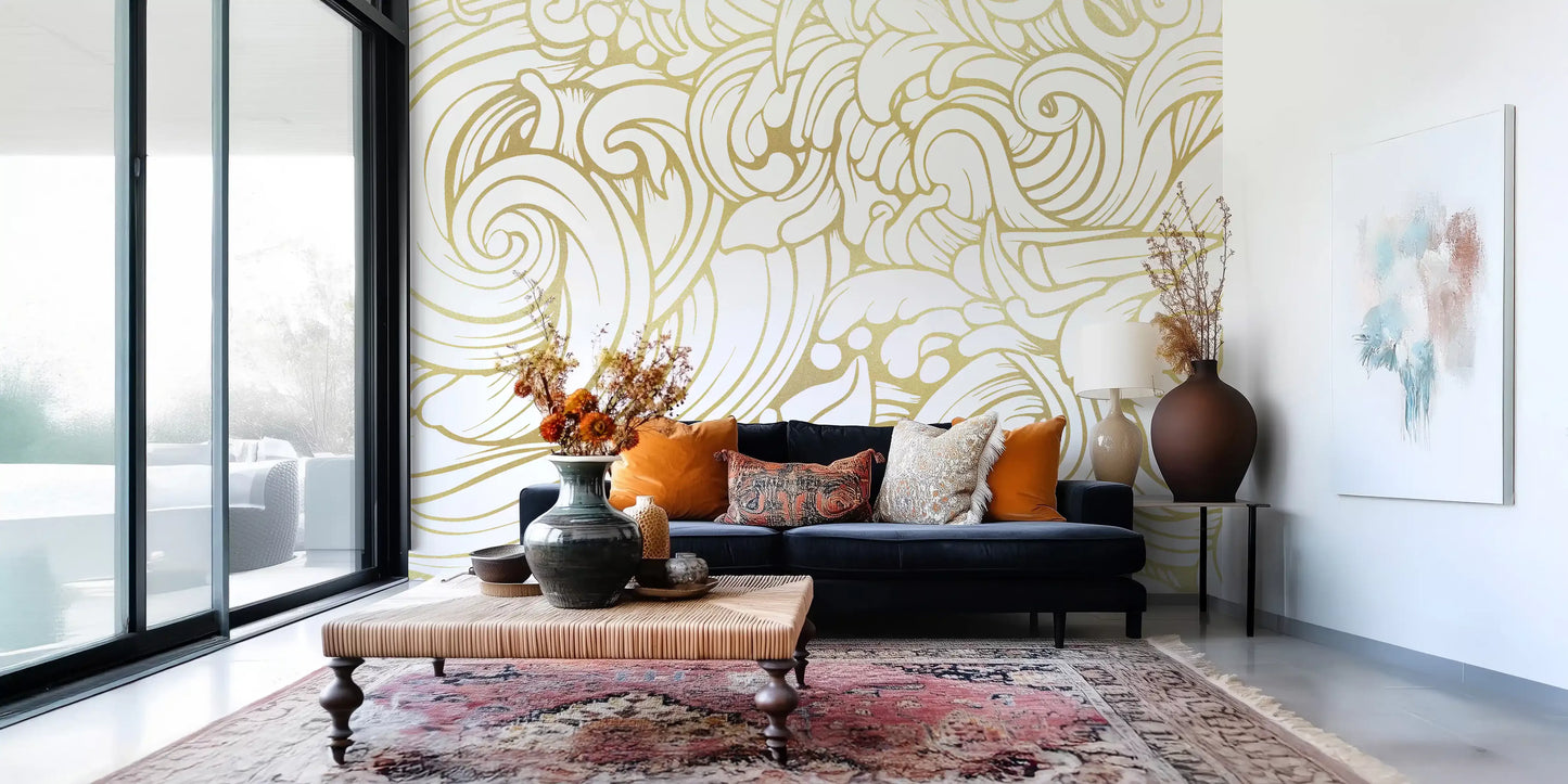 Home wall mural showing Gilded Organic Flow curves on a white base