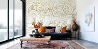 Home wall mural showing Gilded Organic Flow curves on a white base