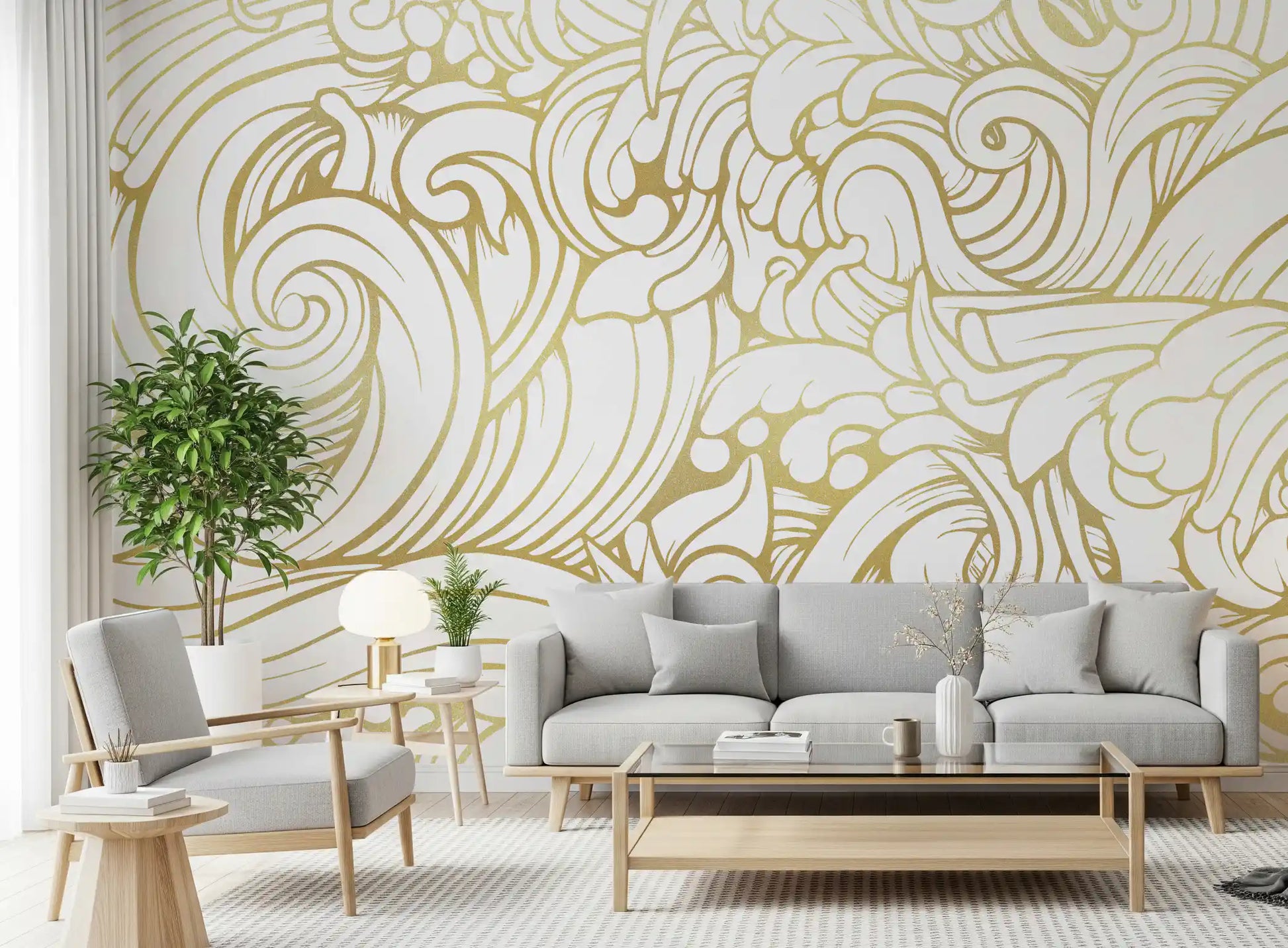 Gold line wall mural with organic shapes and refined white background
