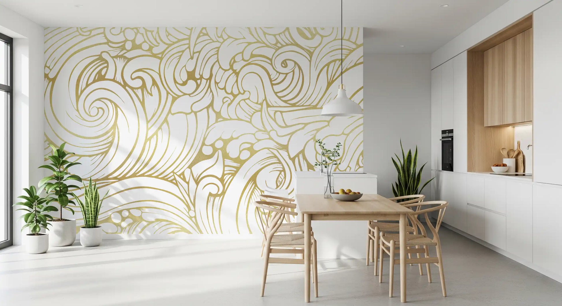 Dining area Gilded Organic Flow Wall Mural with ornate gold movement
