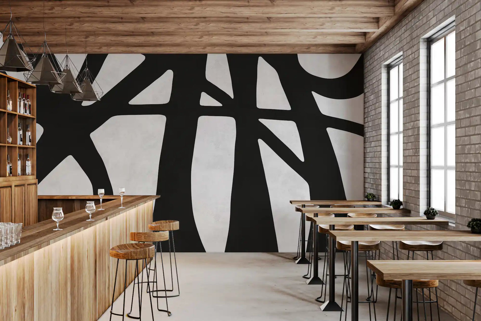Cafe area Monochrome Flow mural with graphic black and white movement