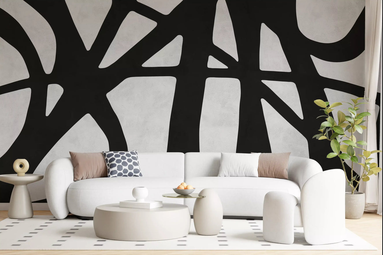 Living room Monochrome Flow Wall Mural with bold black cutout shapes
