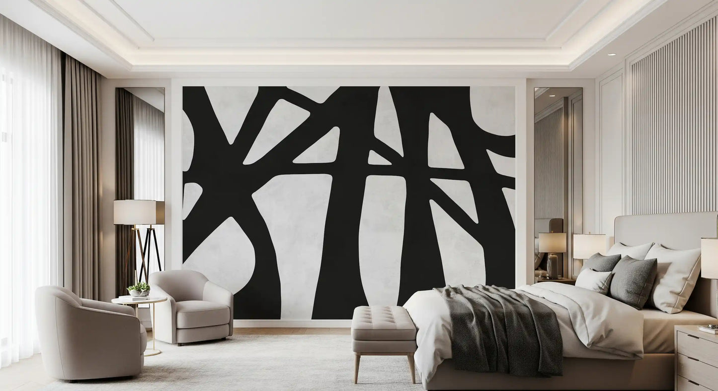 Bedroom Monochrome Flow Wall Mural with striking black organic pattern