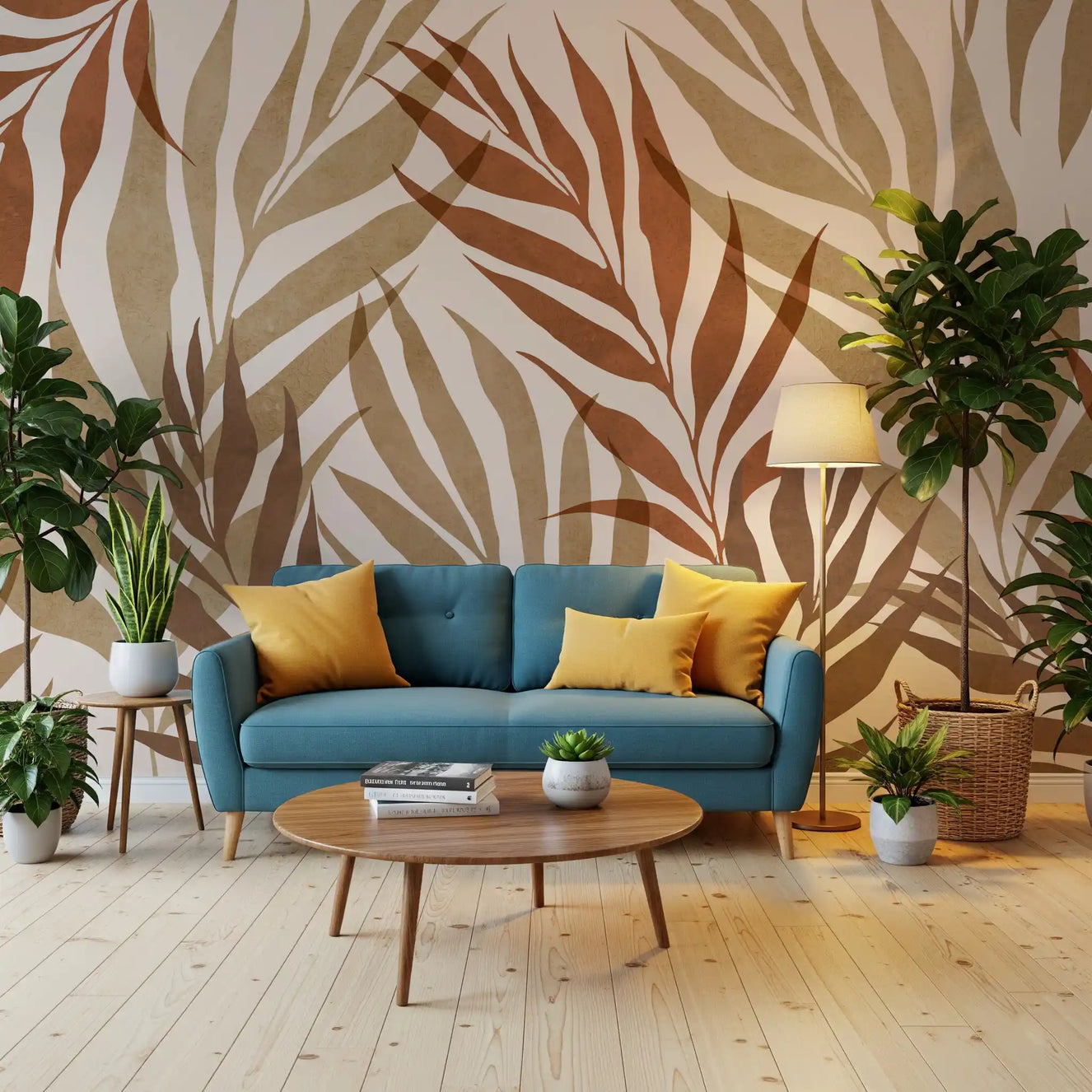 Office room Earthy Botanical Layers wall mural with soft leaf silhouettes