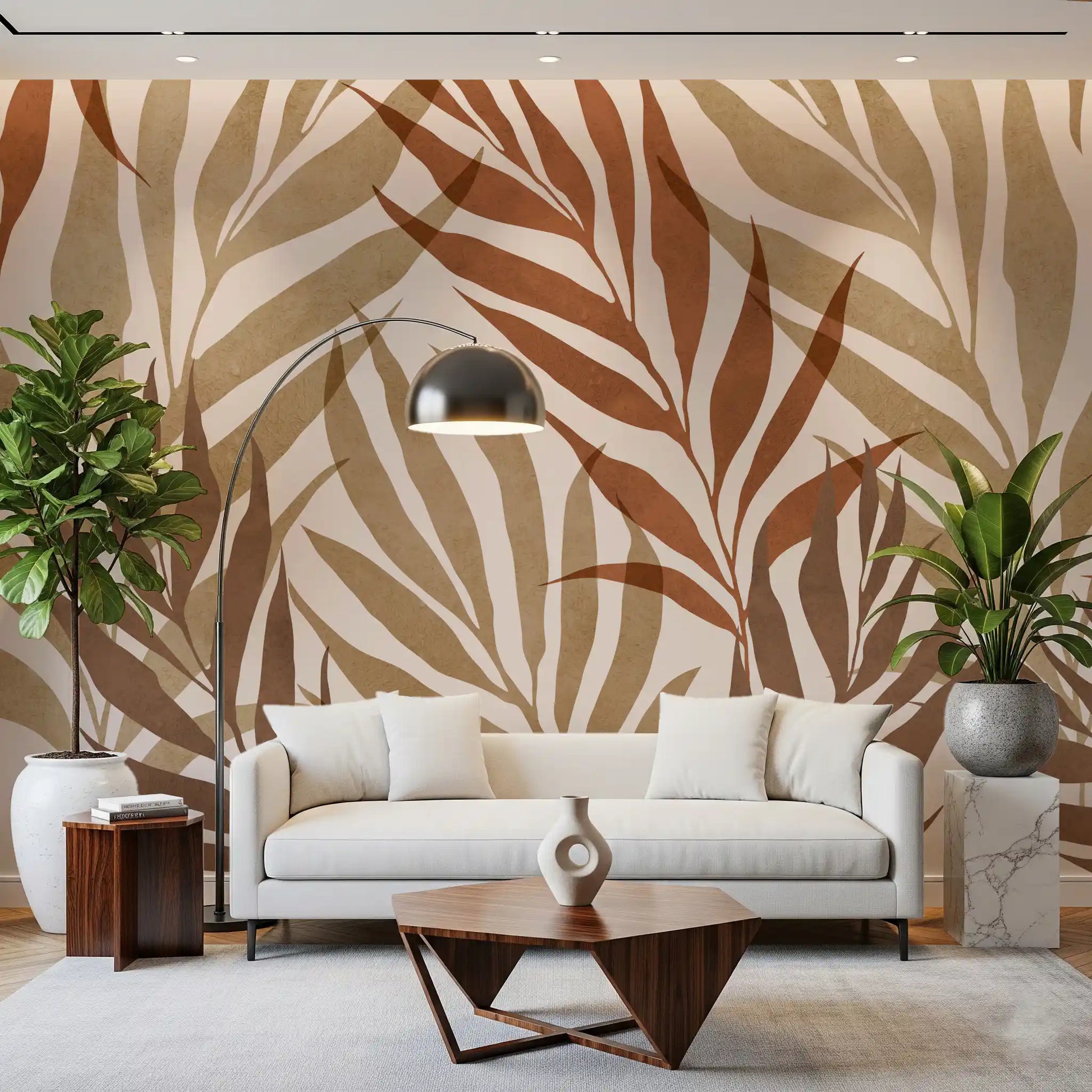 Hallway Botanical Layers wall mural showing brown leaves and cream texture