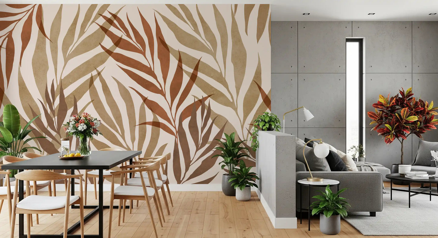 Dining room Earthy Botanical mural with flowing foliage and muted neutral tones