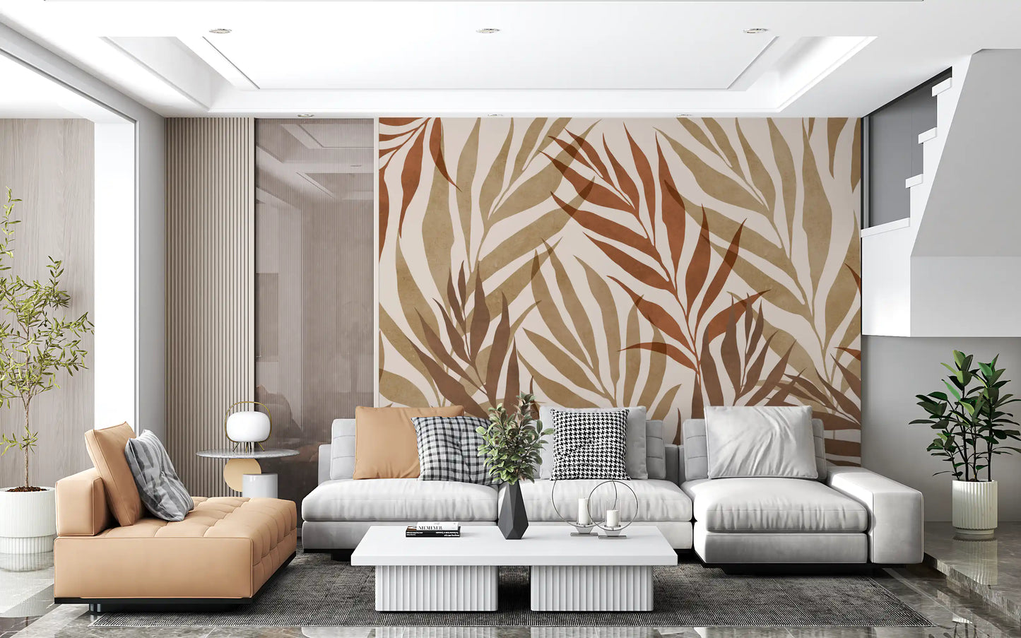 Earthy Botanical Layers Wall Mural with long leaves and beige background
