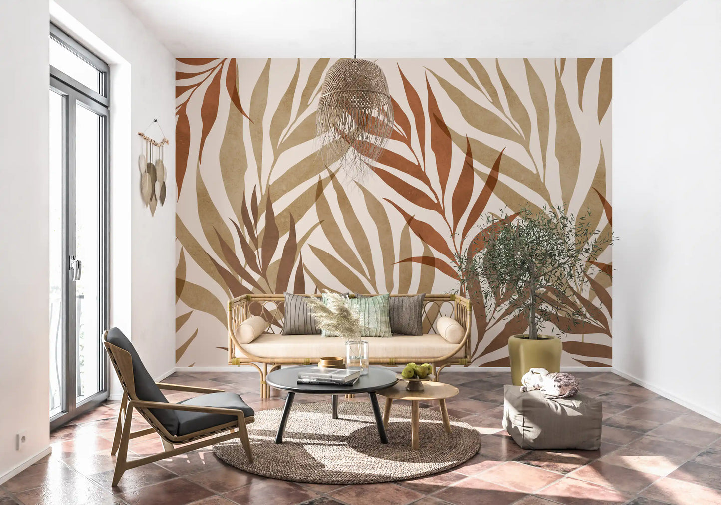 Office area Botanical Layers mural with olive leaves and warm earthy detail