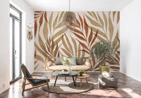 Office area Botanical Layers mural with olive leaves and warm earthy detail