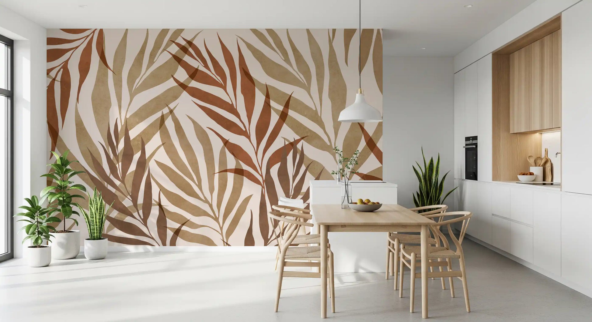 Layered botanical wall mural featuring olive beige leaves and brown accents