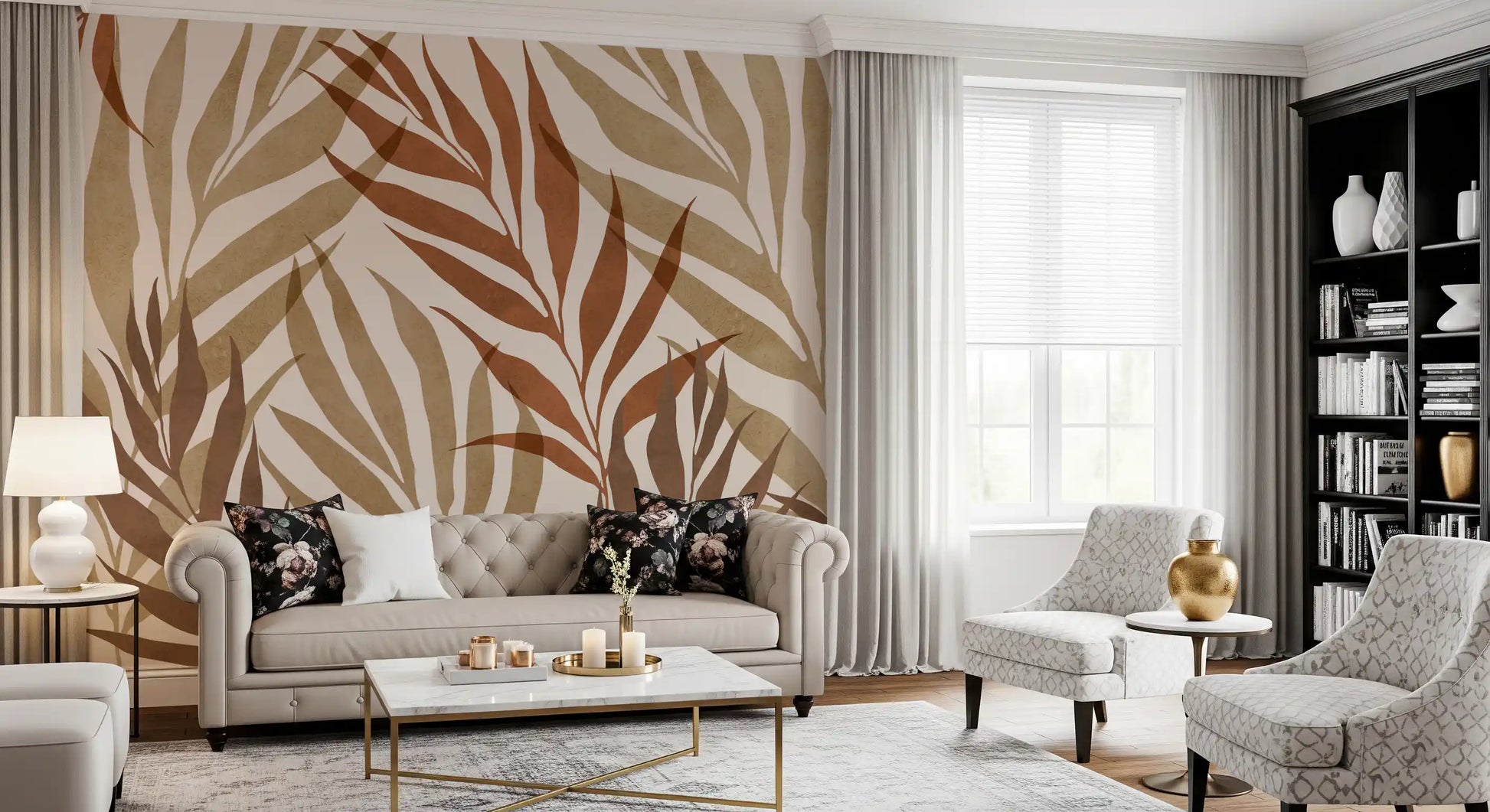 Living room Earthy Leaf wall mural featuring layered stems and soft movement