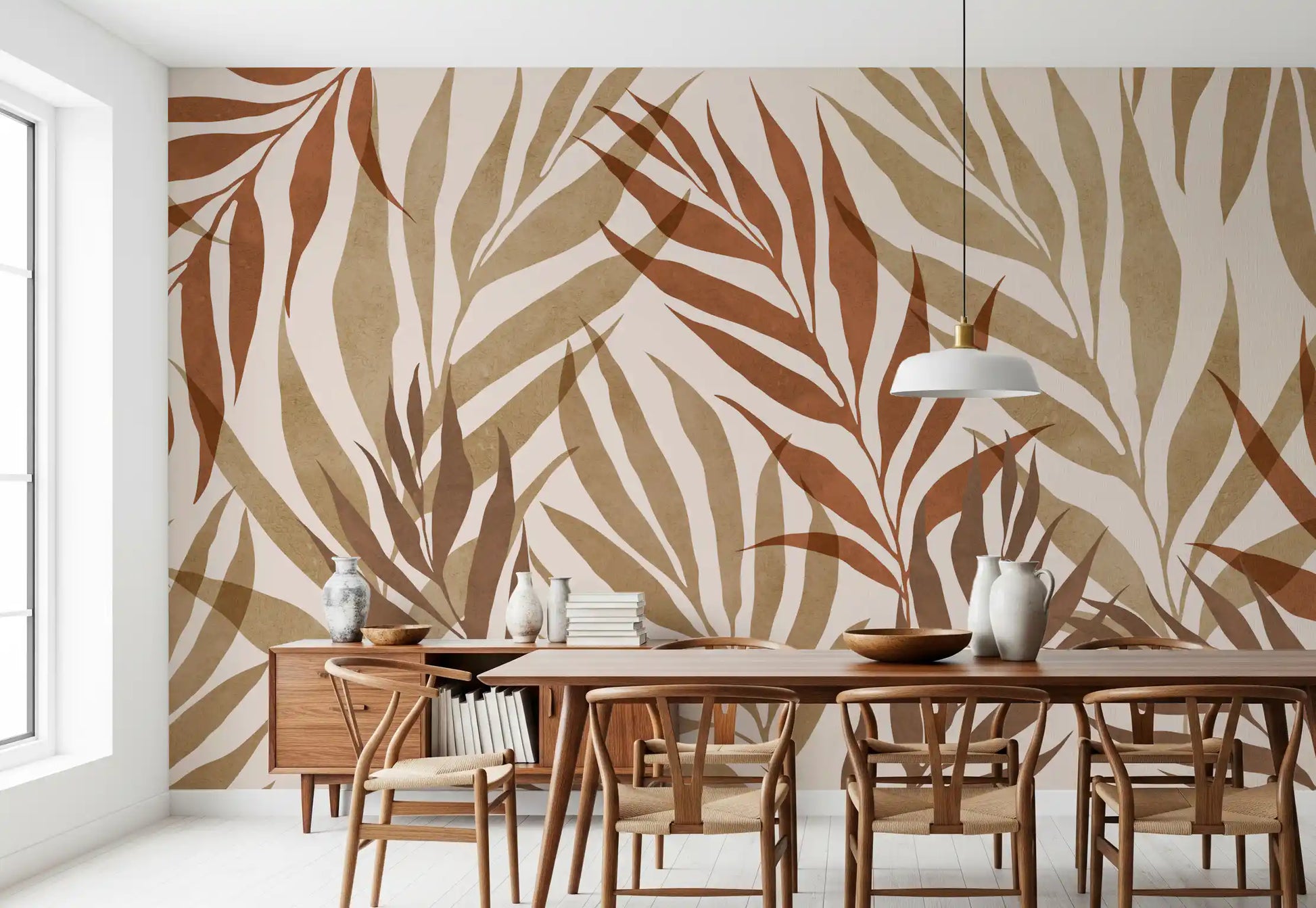 Botanical leaf wall mural showing brown foliage and calm layered texture