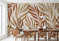 Botanical leaf wall mural showing brown foliage and calm layered texture