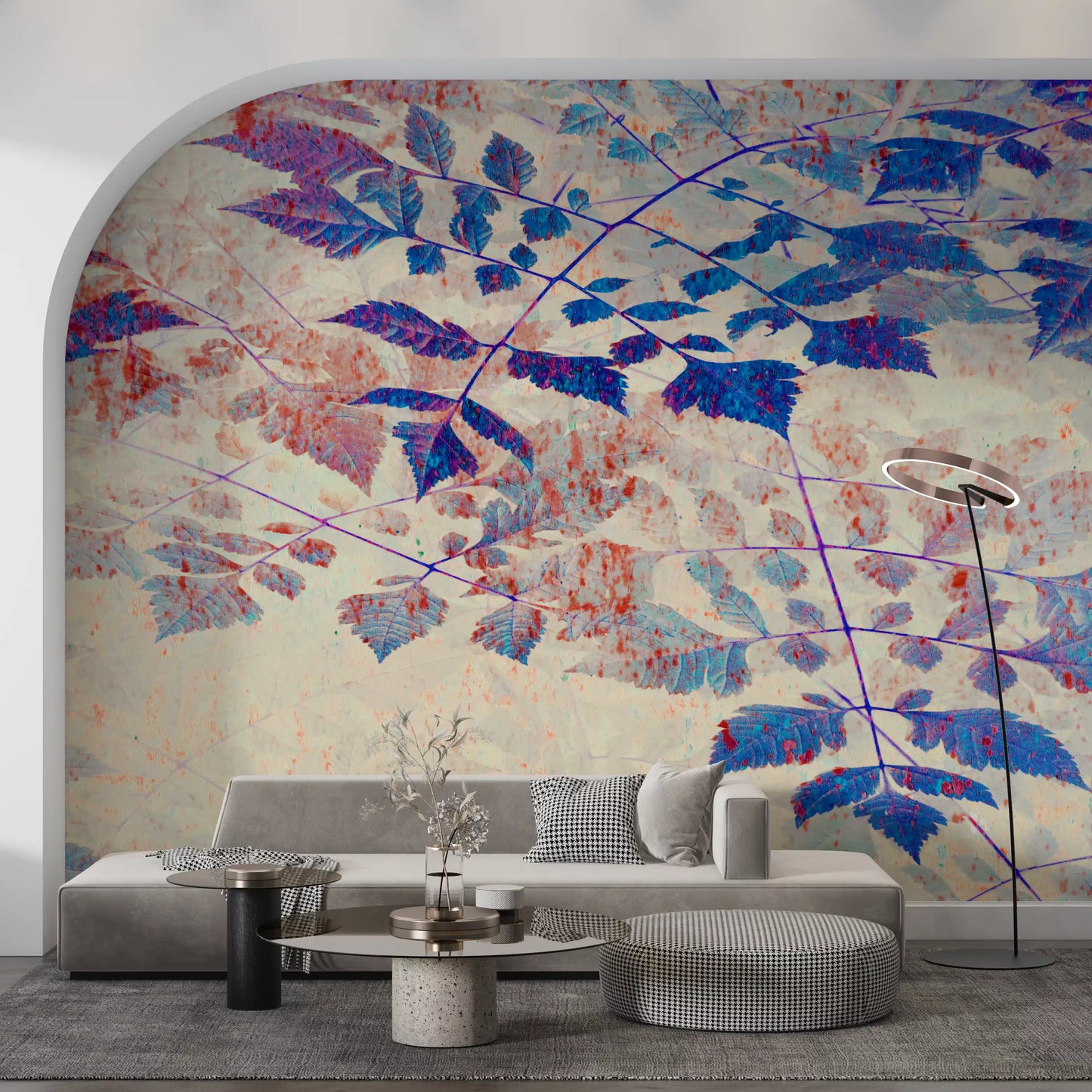 Living room Foliage Wall Mural featuring blue leaves and coral marks