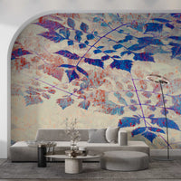 Living room Foliage Wall Mural featuring blue leaves and coral marks