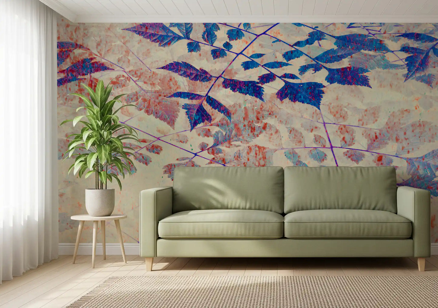 Blue leaf mural featuring indigo foliage, coral marks, and slim stems