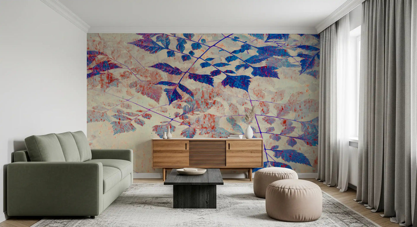 Office room Indigo Foliage mural with painterly botanical detail